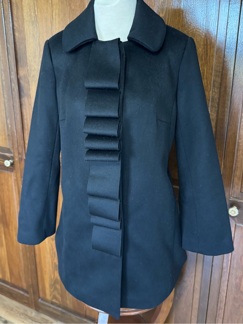 J Crew Black Wool Ruffle Front Coat P4 Petite Winter Ribbon Dress Jacket 18196